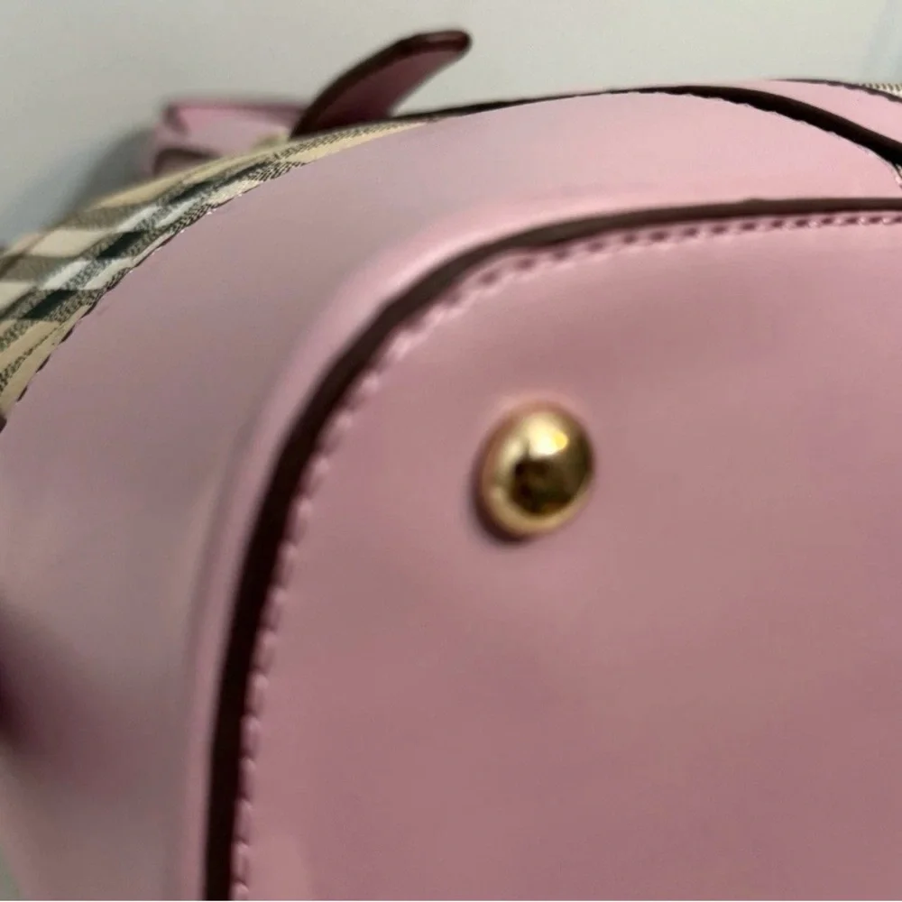 Plaid Dome Satchel Shoulder Bag Coated Canvas Pink Faux Leather Trim